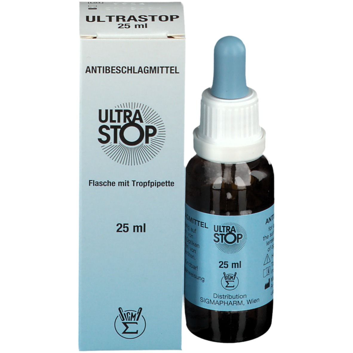 Fles met druppelaar (25 ml) en omverpakking voor een anti-condensmiddel.