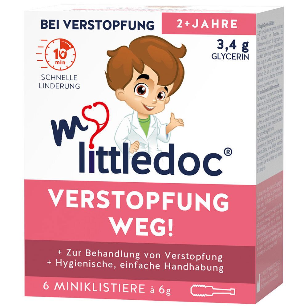 Boîte de mylittledoc® VERSTOPFUNG WEG! avec illustration enfant et informations produit. Contient 6 mini-clystères.