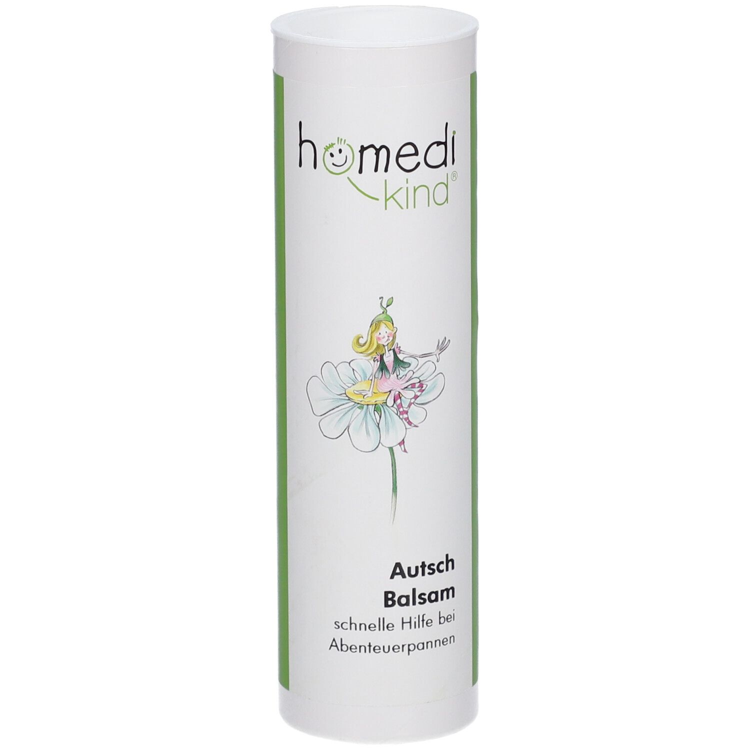 Emballage cylindrique avec logo homedi-kind® et illustration. Texte : Autsch Balsam, aide rapide pour les aventures.
