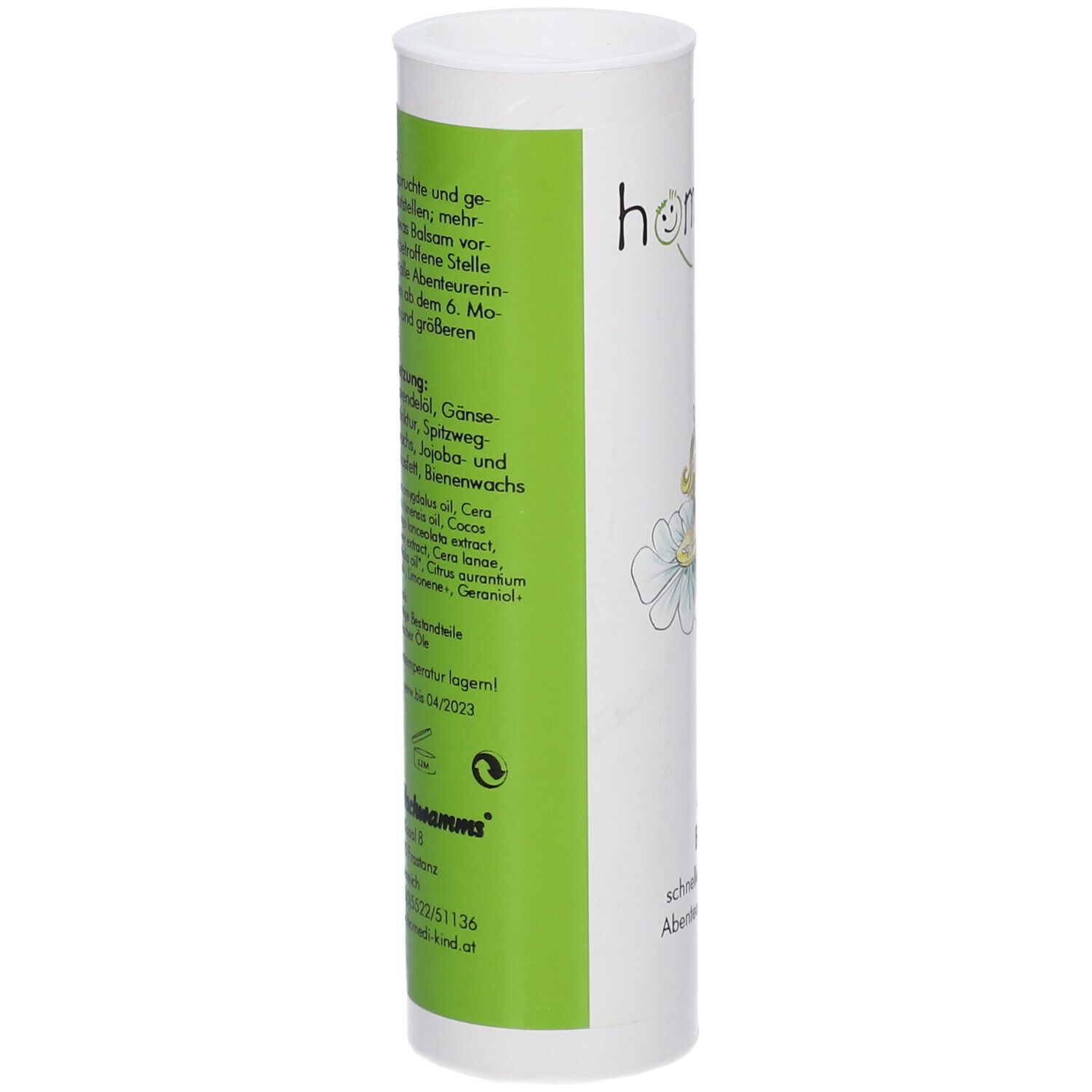 Emballage cylindrique, logo homedi-kind®. Texte et ingrédients en vert. Dos avec informations et logo.
