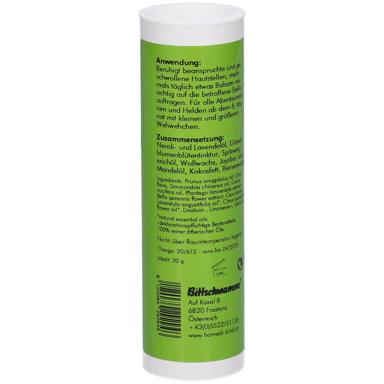 Emballage cylindrique, logo homedi-kind®. Texte : Utilisation, composition, ingrédients. Fond vert.