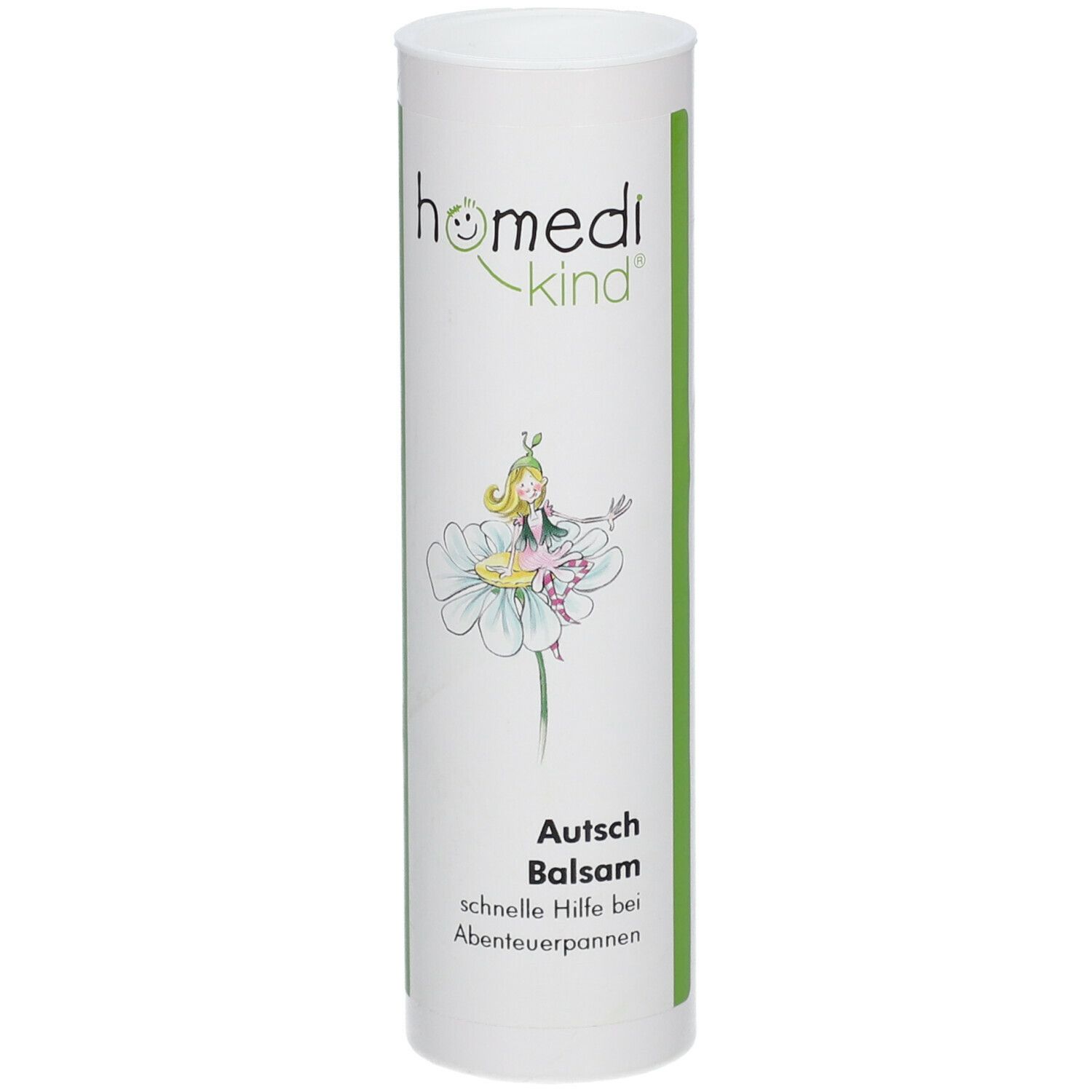 Emballage cylindrique avec logo homedi-kind® et illustration. Texte : Autsch Balsam, aide rapide pour les aventures.