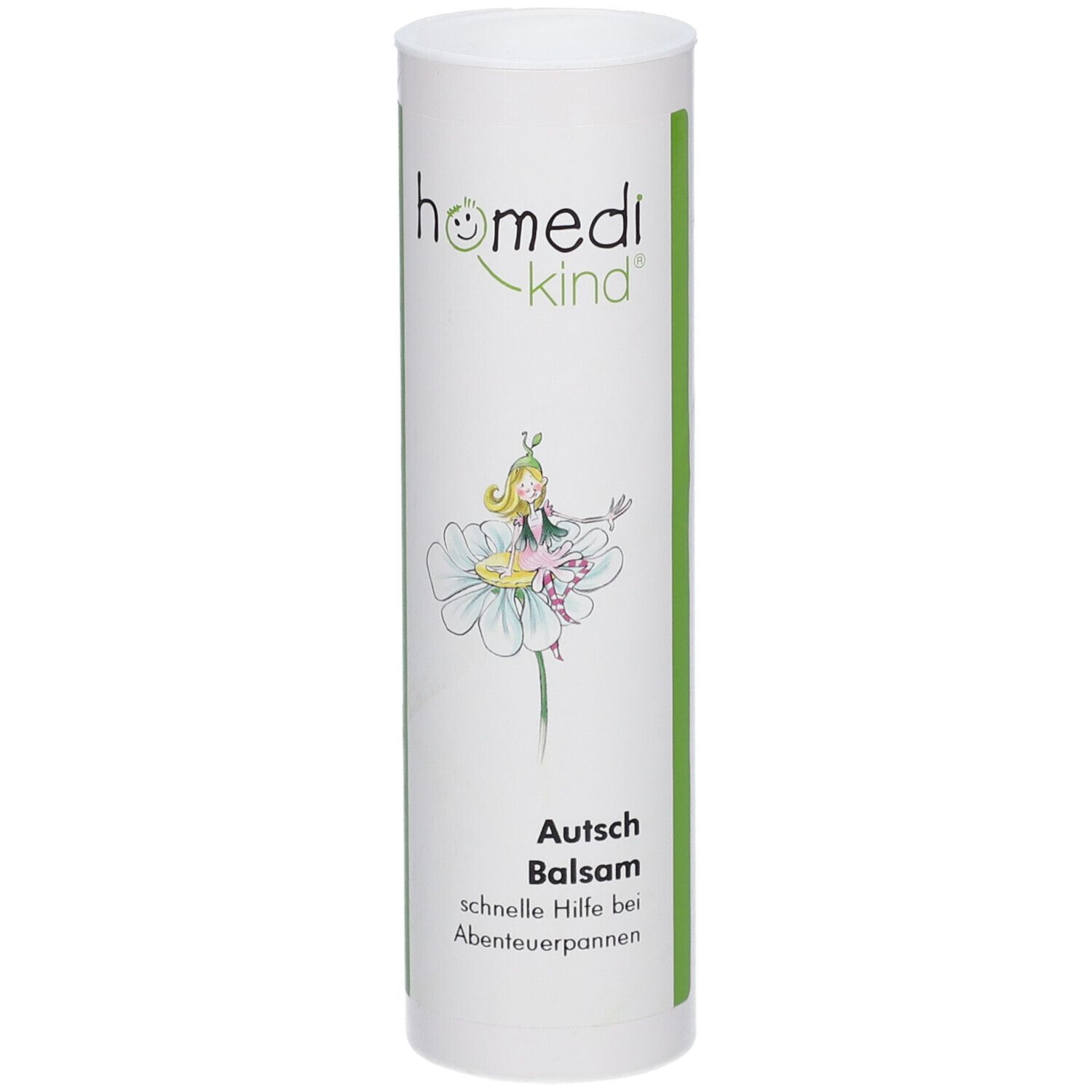 Emballage cylindrique avec logo homedi-kind® et illustration. Texte : Autsch Balsam, aide rapide pour les aventures.