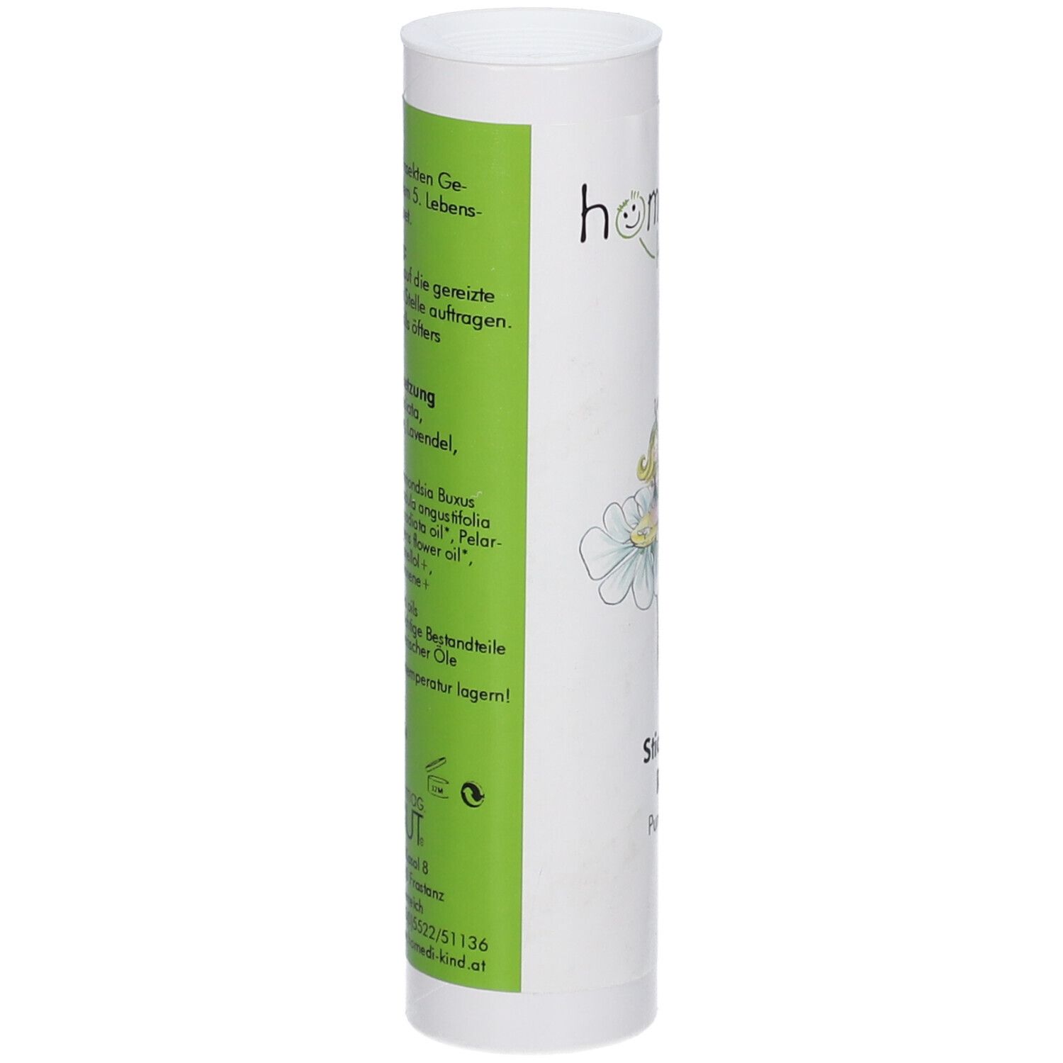 Arrière du homedi-kind Stich-Weg Roll-On avec liste des ingrédients et instructions.