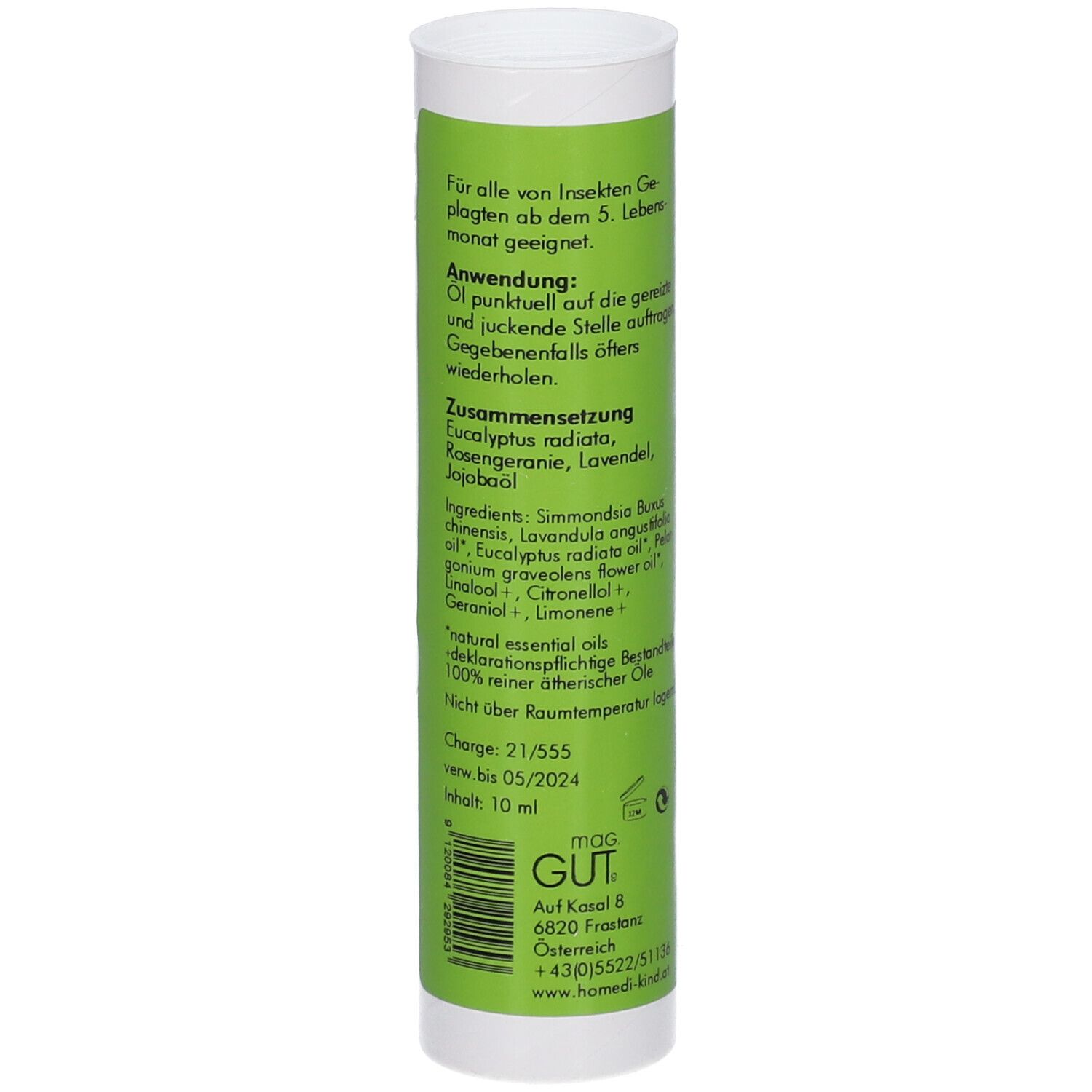 Arrière du homedi-kind Stich-Weg Roll-On avec ingrédients, application et sceau.