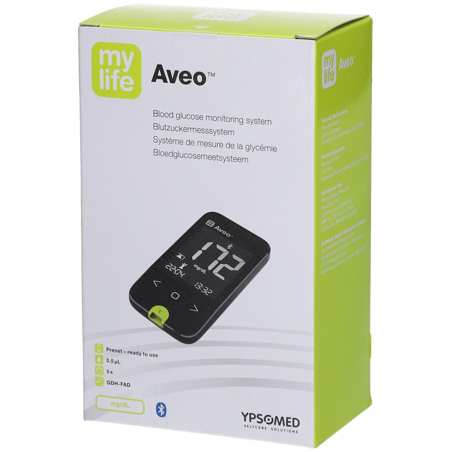 Emballage mylife Aveo™ système de surveillance de la glycémie. Appareil avec écran affiché sur le devant.