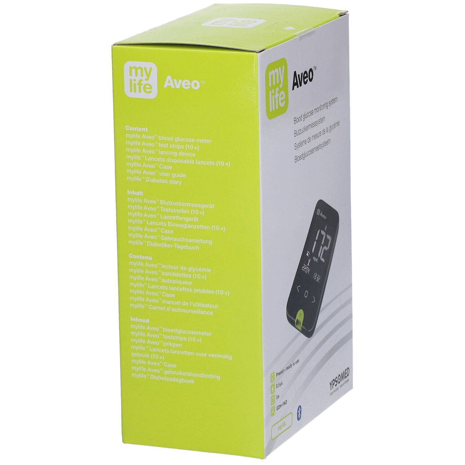 Emballage mylife Aveo™ système de surveillance de la glycémie. Informations produit et appareil sur le côté.