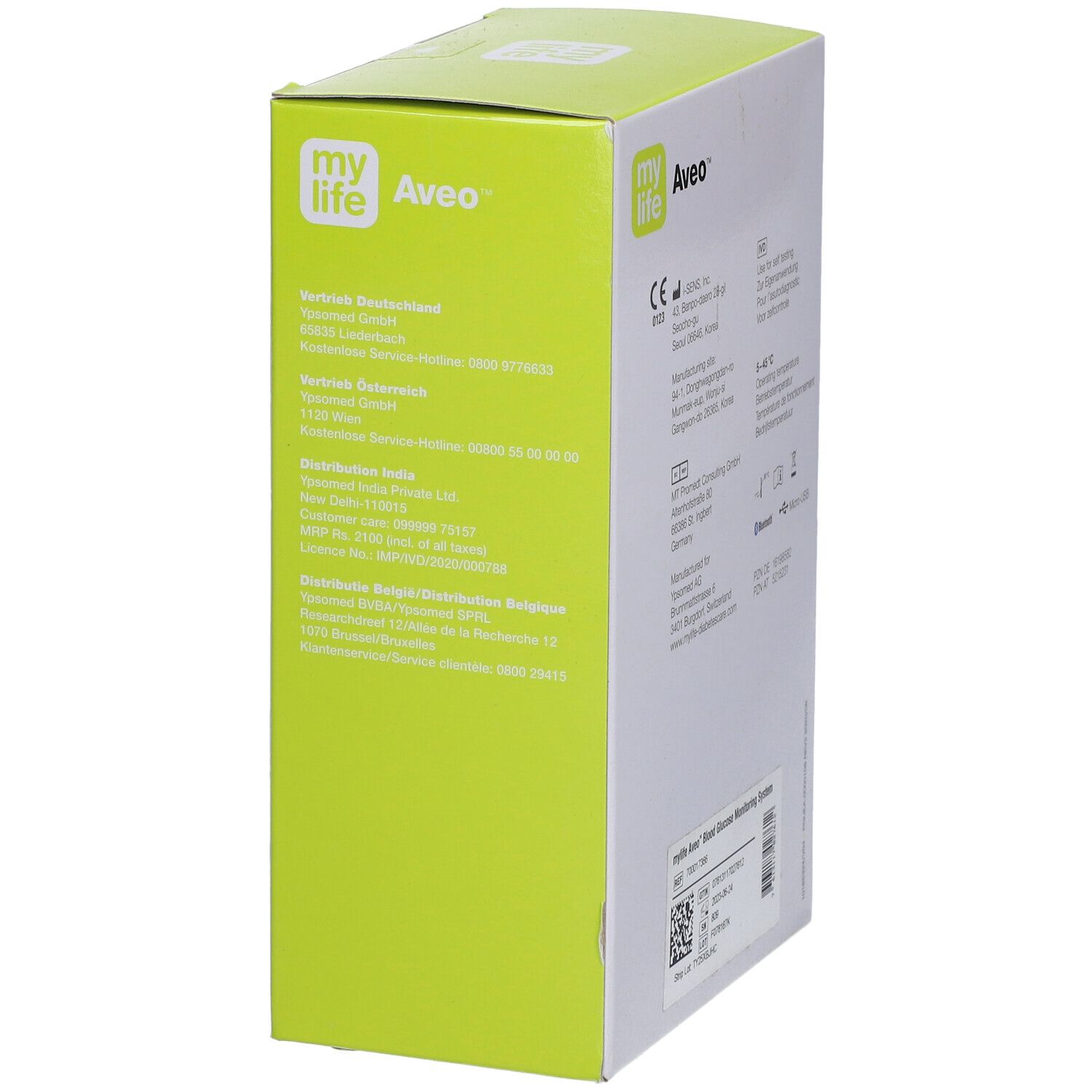 Côté de l'emballage mylife Aveo™. Informations sur le fabricant, la distribution et le service client.
