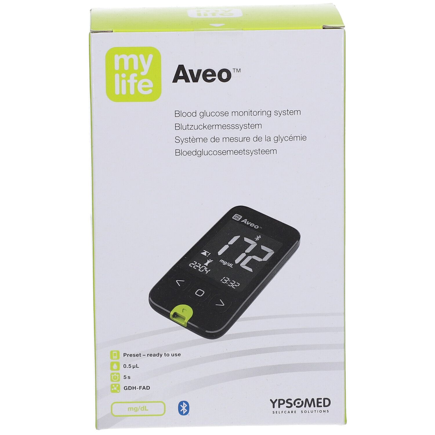 Emballage mylife Aveo™ système de surveillance de la glycémie. Face avant avec appareil et écran.