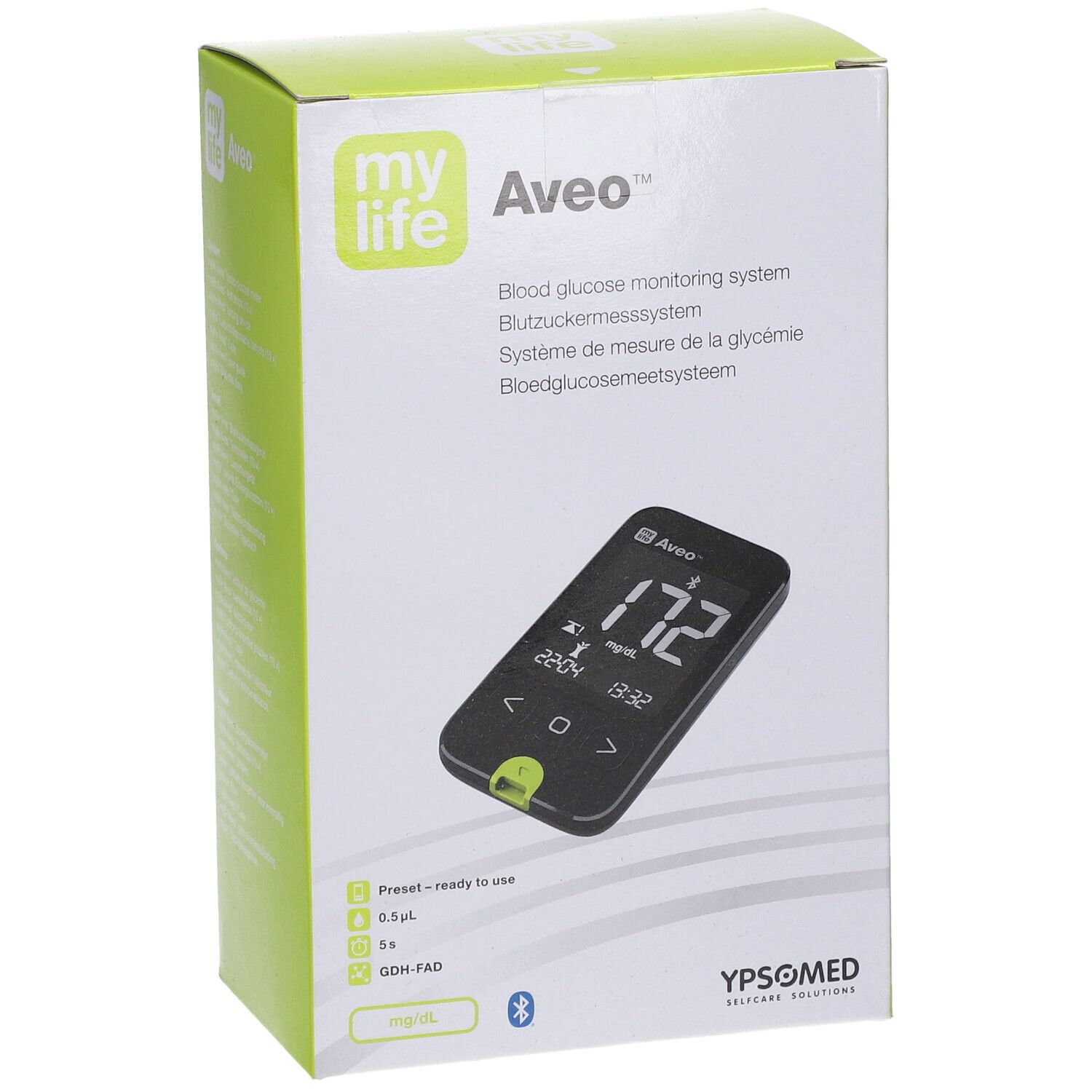 Emballage mylife Aveo™ système de surveillance de la glycémie. Face avant avec appareil et écran.
