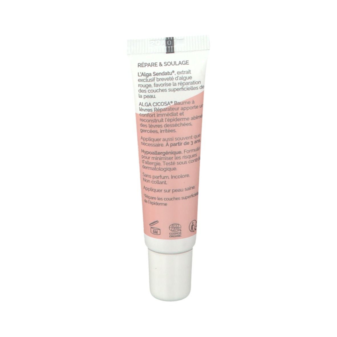 Dos du tube de baume à lèvres. Texte avec ingrédients et informations. Blanc et rose. Avec label bio.