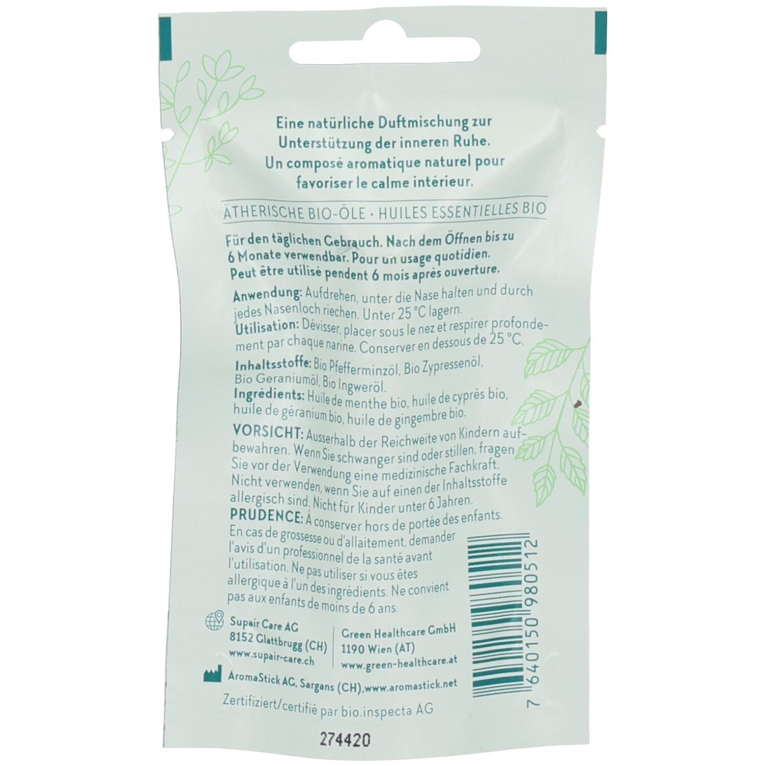 Dos de l'emballage Aromastick Balance. Texte : "Balance", ingrédients, mode d'emploi, avertissements, coordonnées.
