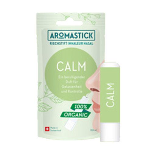 Aromastick Calm inhalator en verpakking. Groen en wit. Tekst: Calm, 100% Organic.