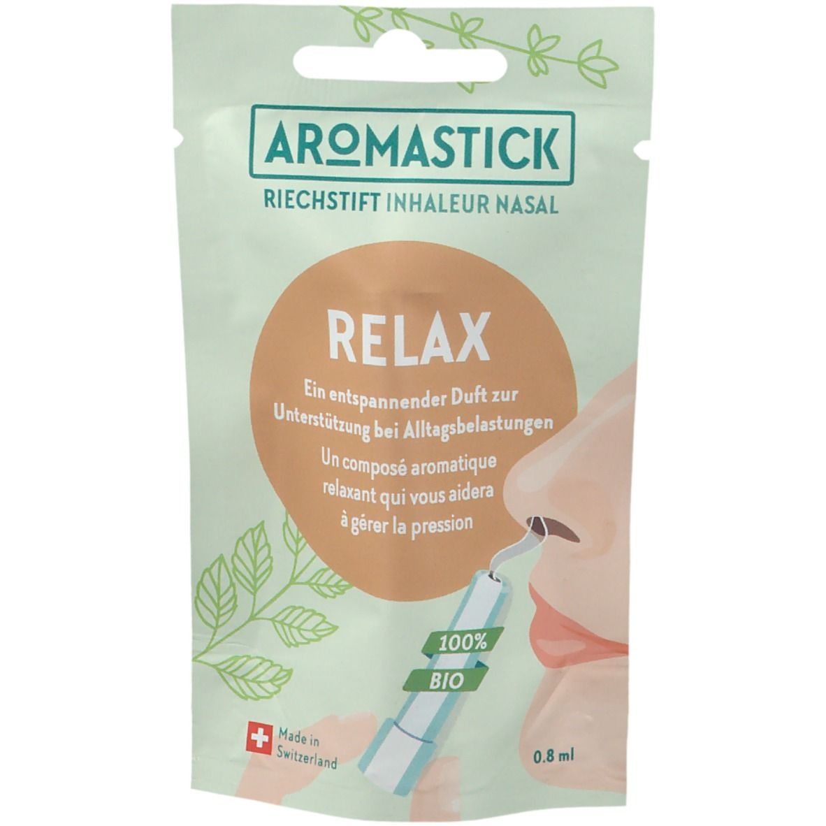 Aromastick Relax inhalateur nasal dans son emballage. Emballage vert clair avec nom et texte du produit. Certification bio.