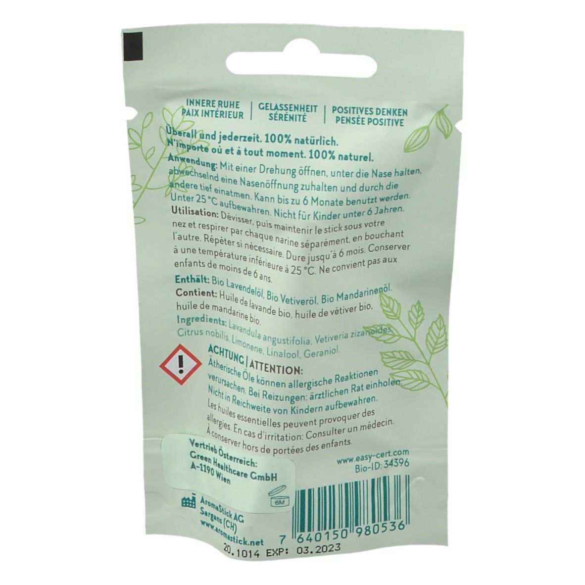 Dos de l'emballage Aromastick Relax. Texte multilingue. Ingrédients et avertissements. Certification bio.