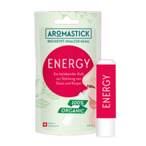 Aromastick Energy neus-inhalator en verpakking. Rode stick met wit uiteinde. Verpakking met rode cirkel en tekst.