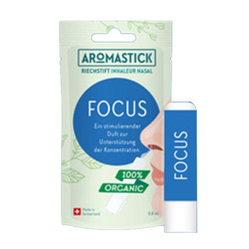Aromastick Focus. Neus-inhalator en verpakking. Blauw etiket met tekst. 100% Organic. Zwitsers kruis.