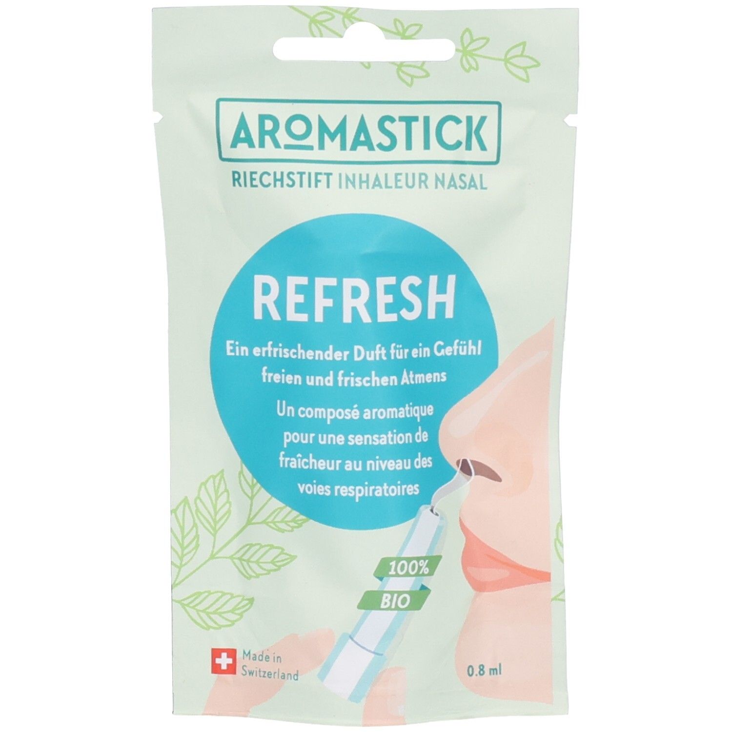 Aromastick Refresh. Witte, langwerpige inhalator in verpakking. Opschrift: "Refresh", "100% organic".