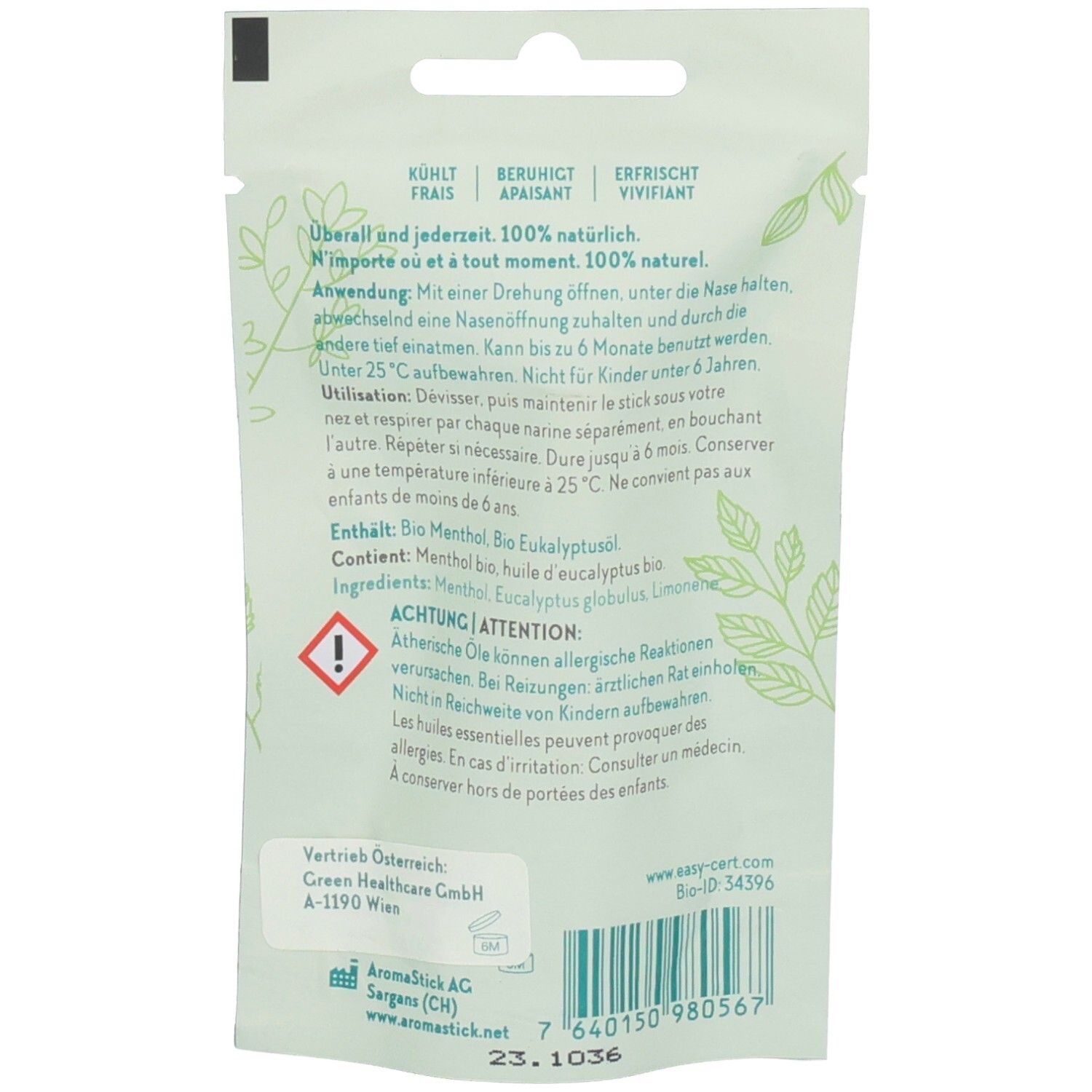 Achterkant van de Aromastick Refresh verpakking. Tekst: "Refresh", ingrediënten, waarschuwingen, fabrikantinfo, houdbaarheidsdatum.