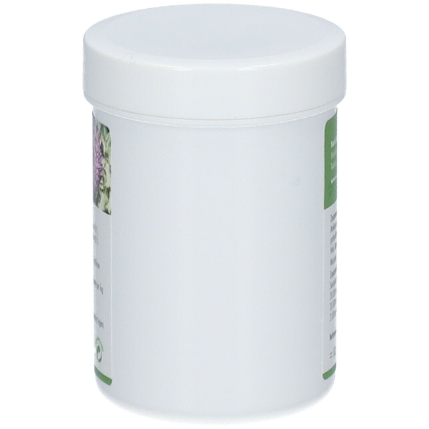 Witte pot met deksel. Groene etiketten met tekst. Zijaanzicht.