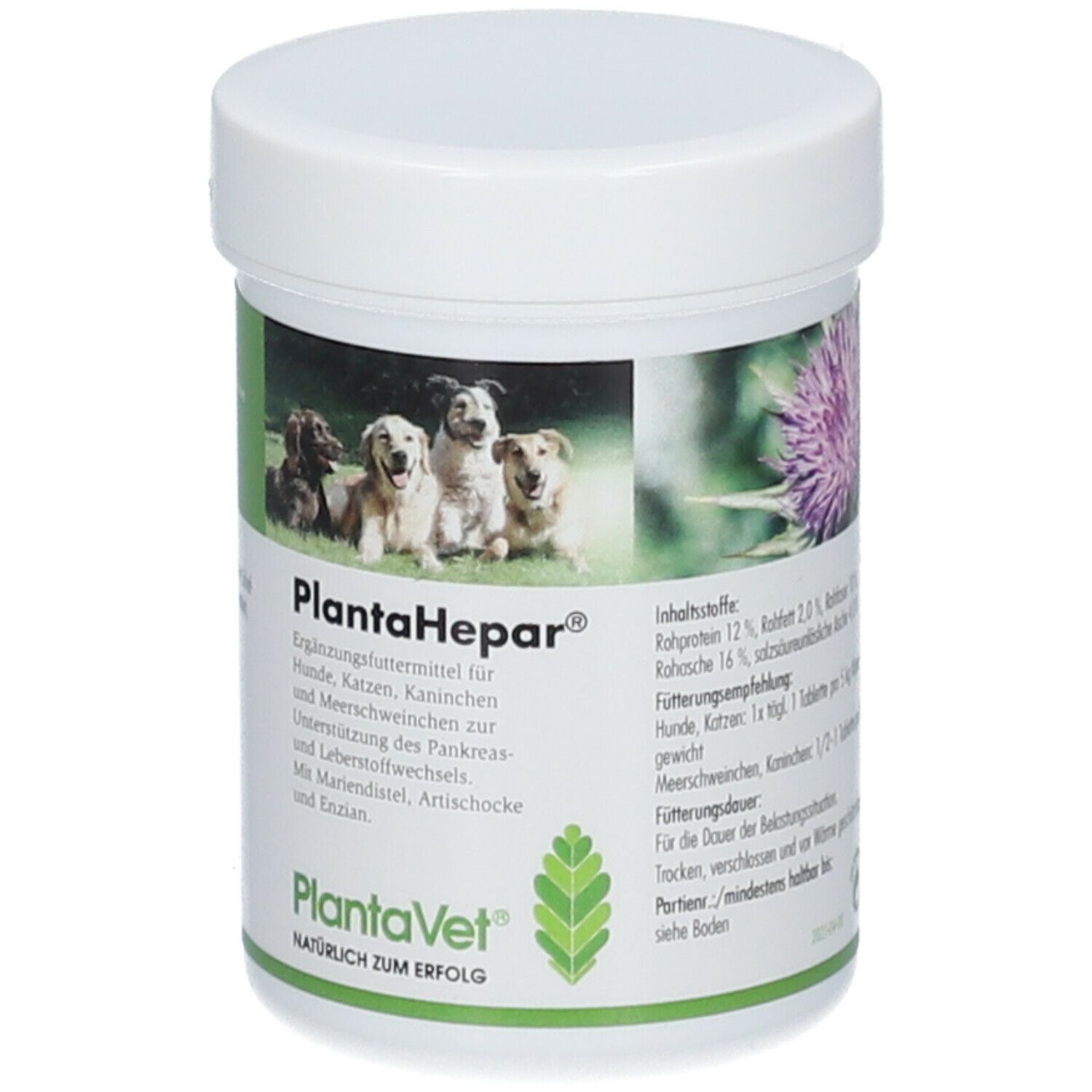 Witte pot met groen etiket. Opschrift PlantaHepar® en afbeelding van honden. Tekst met productinformatie.