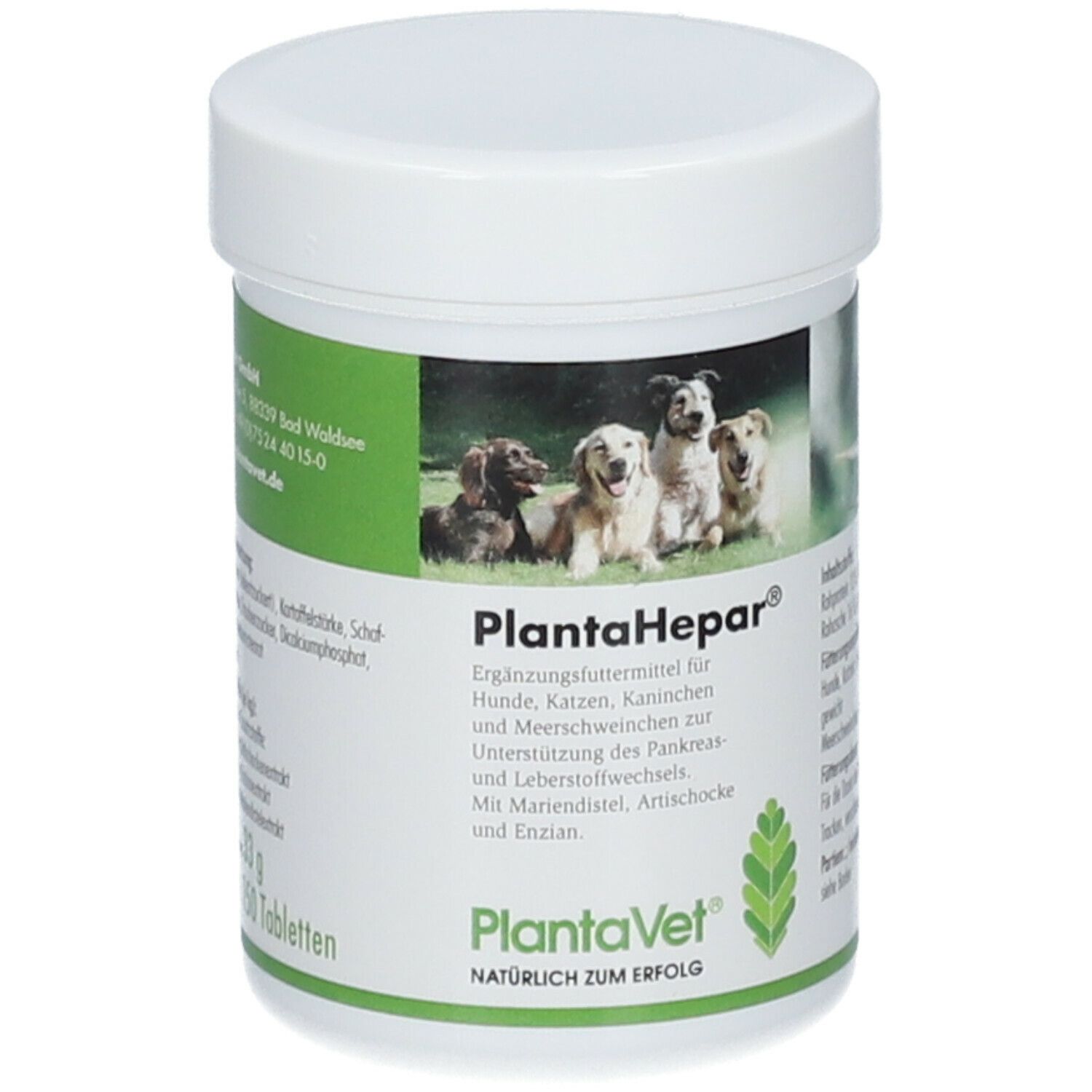 Witte pot met groen etiket. Opschrift PlantaHepar® en afbeelding van honden. Tekst met productinformatie.