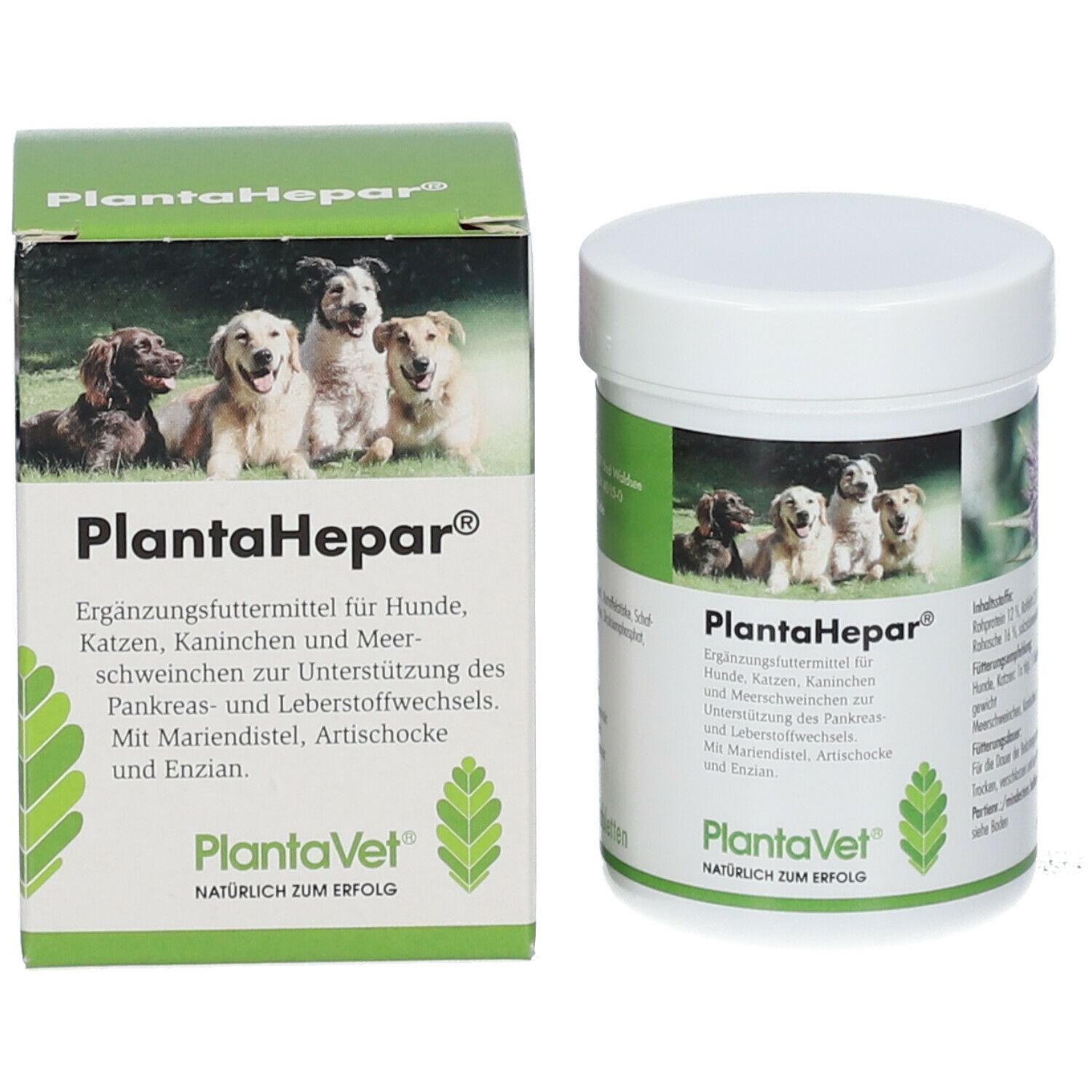 Witte pot en doos met groen etiket. Opschrift PlantaHepar® en afbeelding van honden. Aanvullend diervoeder.