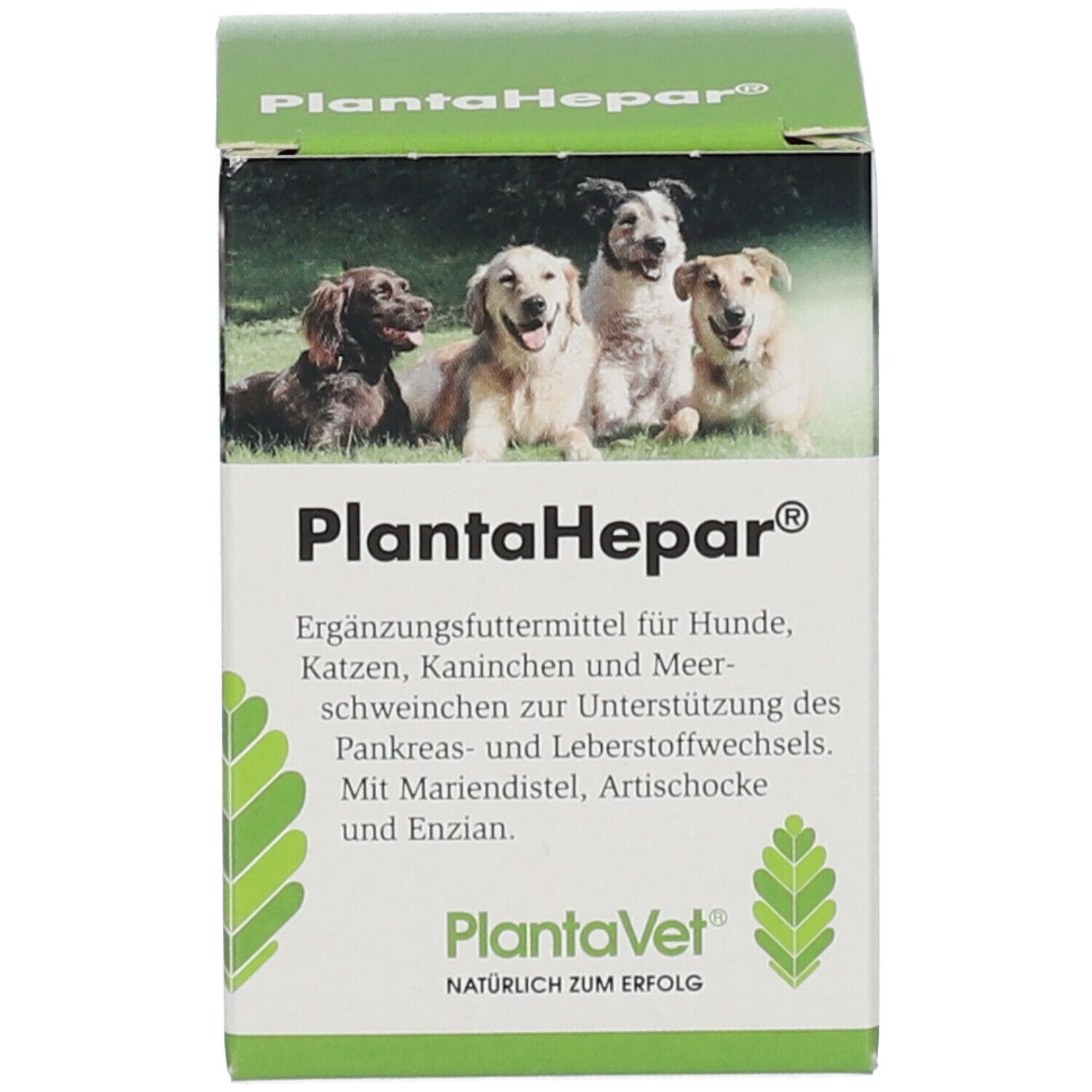 Groene doos met opschrift PlantaHepar® en afbeelding van honden. Aanvullend diervoeder voor dieren.