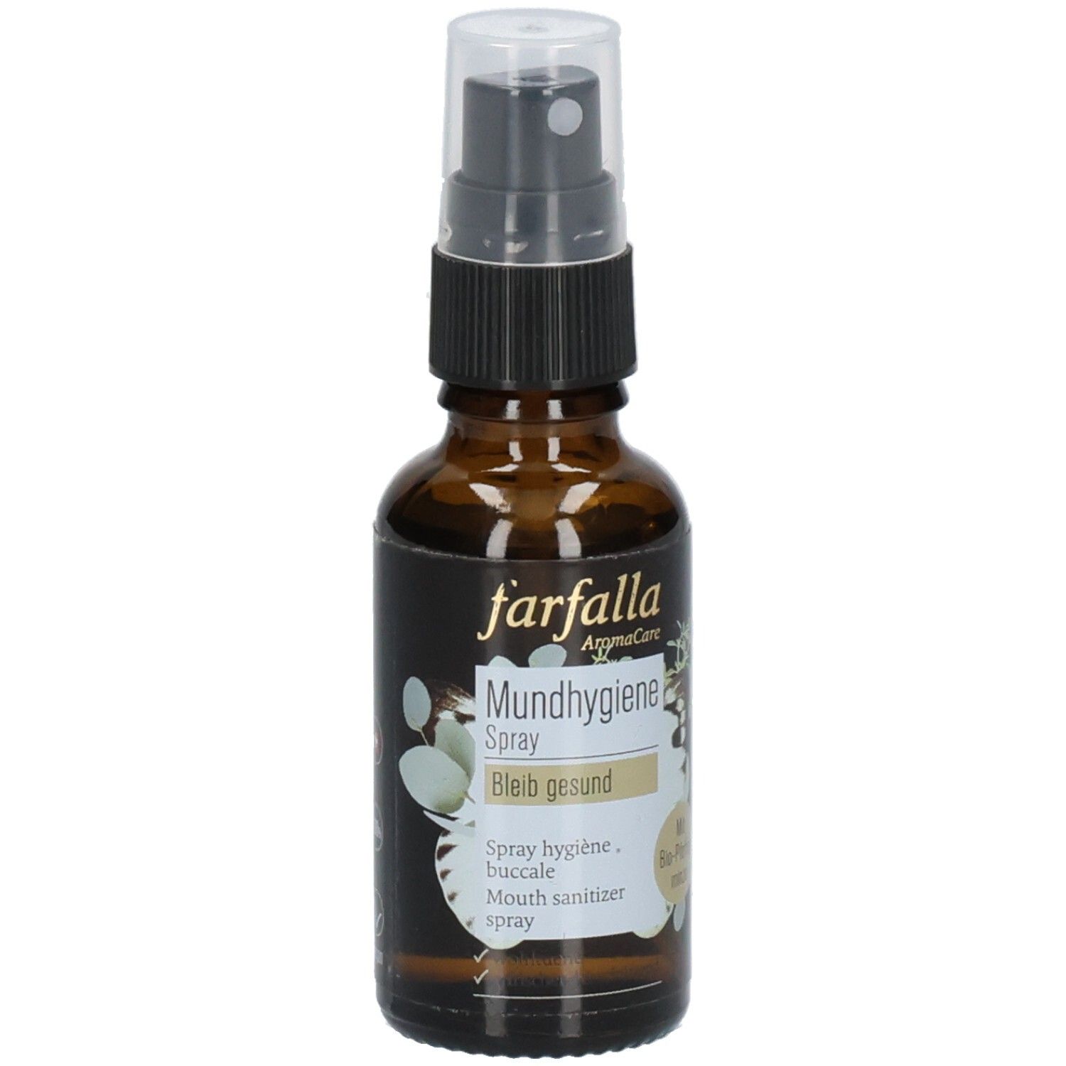 Bruine glazen fles met verstuiver. Opschrift: farfalla BLEIB GESUND PFEFFERMINZE MUNDHYGIENE SPRAY. Met bloemmotief.