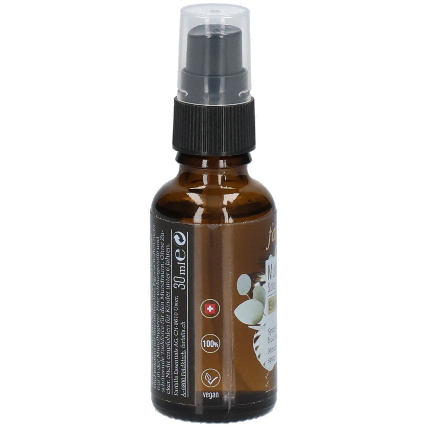 Bruine glazen fles met verstuiver. Opschrift: 30 ml. Etiket met barcode en vervaldatum. Productnaam gedeeltelijk zichtbaar.