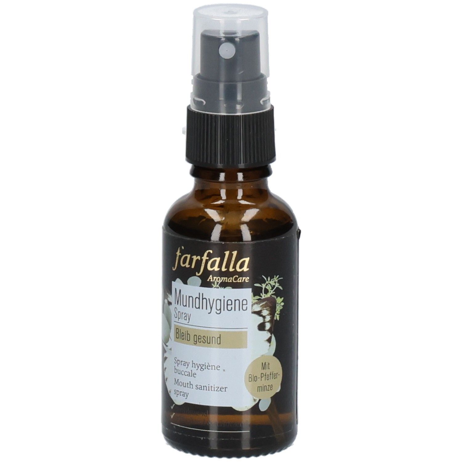 Bruine glazen fles met verstuiver. Opschrift: farfalla BLEIB GESUND PFEFFERMINZE MUNDHYGIENE SPRAY. Met bloemmotief en logo's.