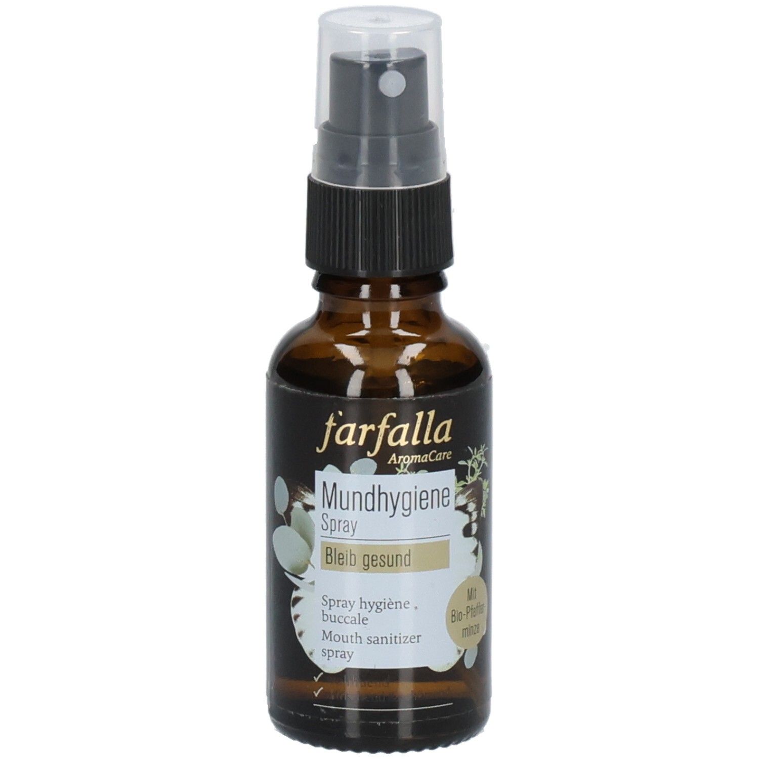 Bruine glazen fles met verstuiver. Opschrift: farfalla BLEIB GESUND PFEFFERMINZE MUNDHYGIENE SPRAY. Met bloemmotief.