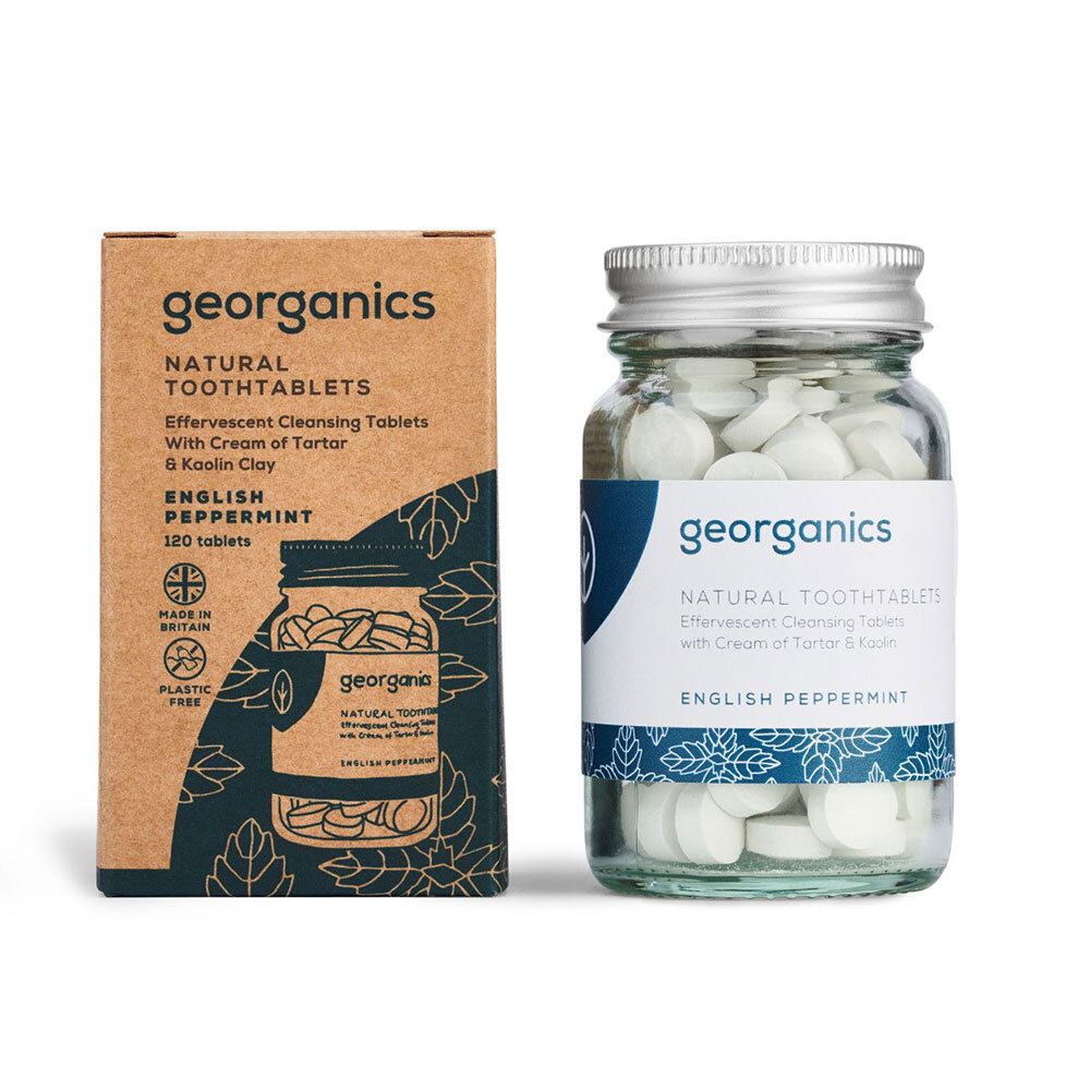 Deux contenants de comprimés dentaires. Boîte en carton et bocal en verre. Inscription : georganics, English Peppermint.