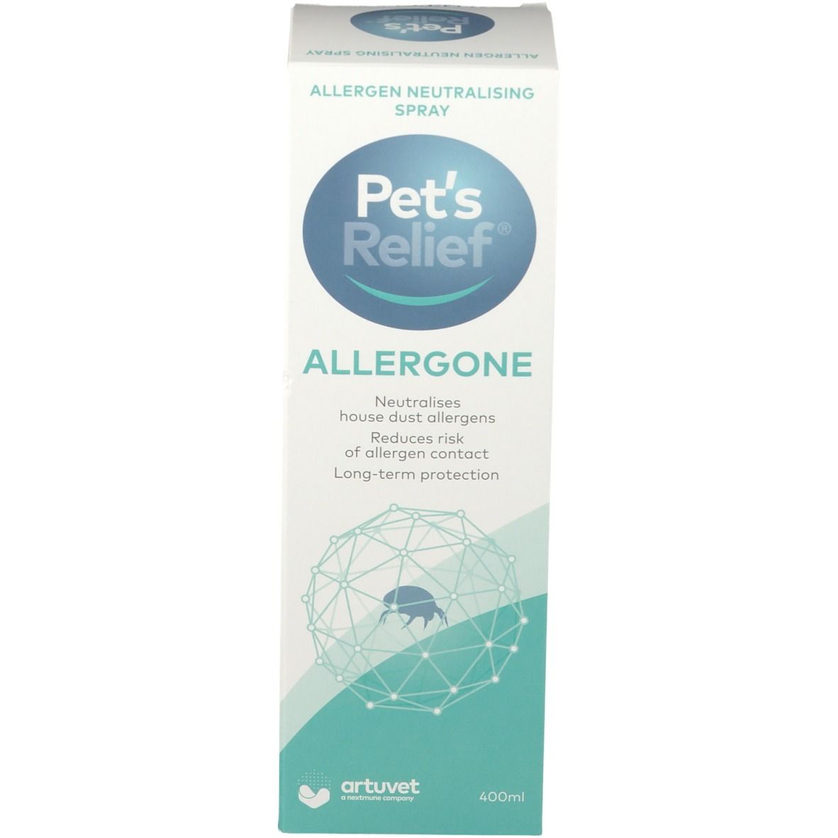Emballage du flacon pulvérisateur Pet's Relief Allergone.