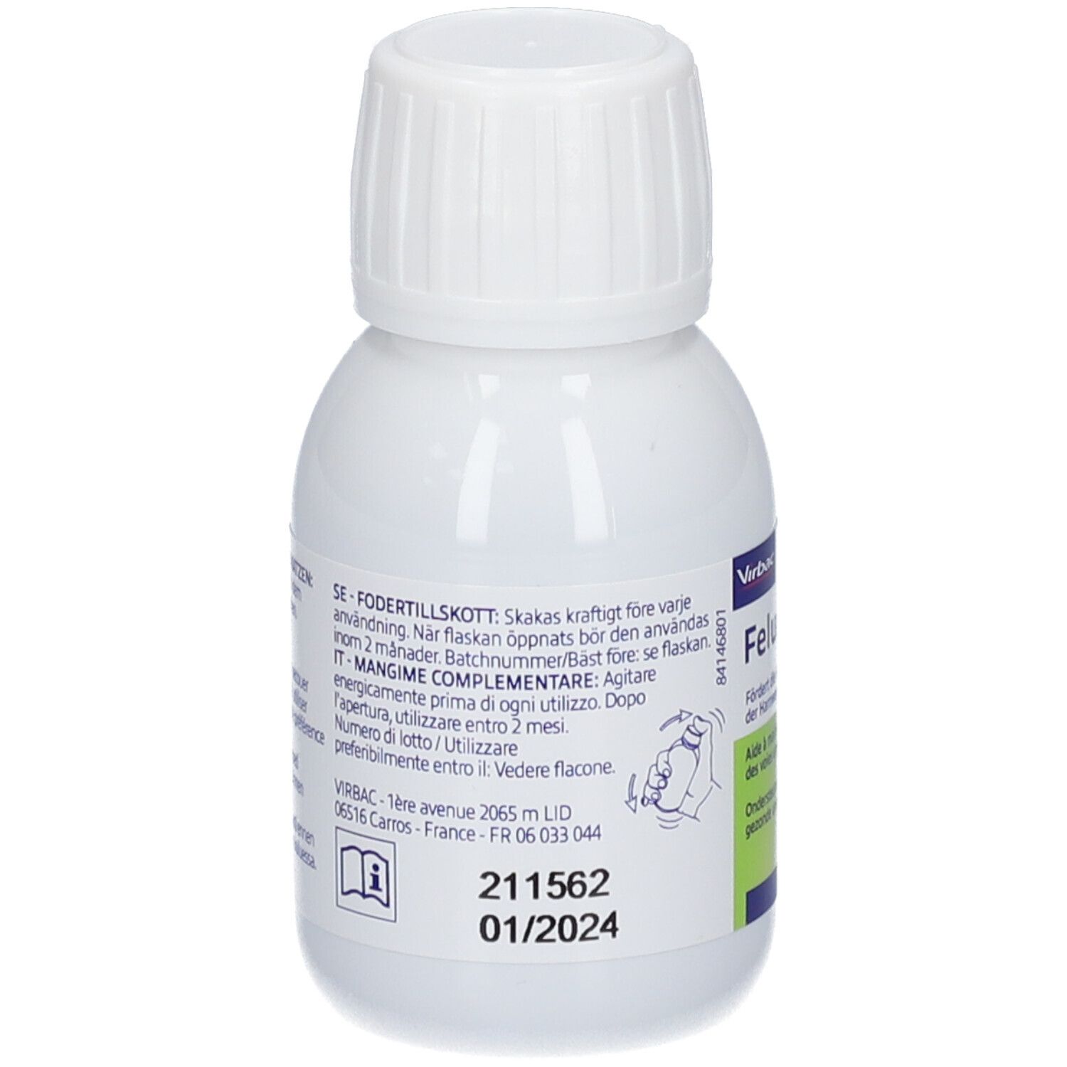 Witte fles met schroefdop, etiket met kat, productnaam 'Feluro', gebruiksaanwijzing en 60 ml.