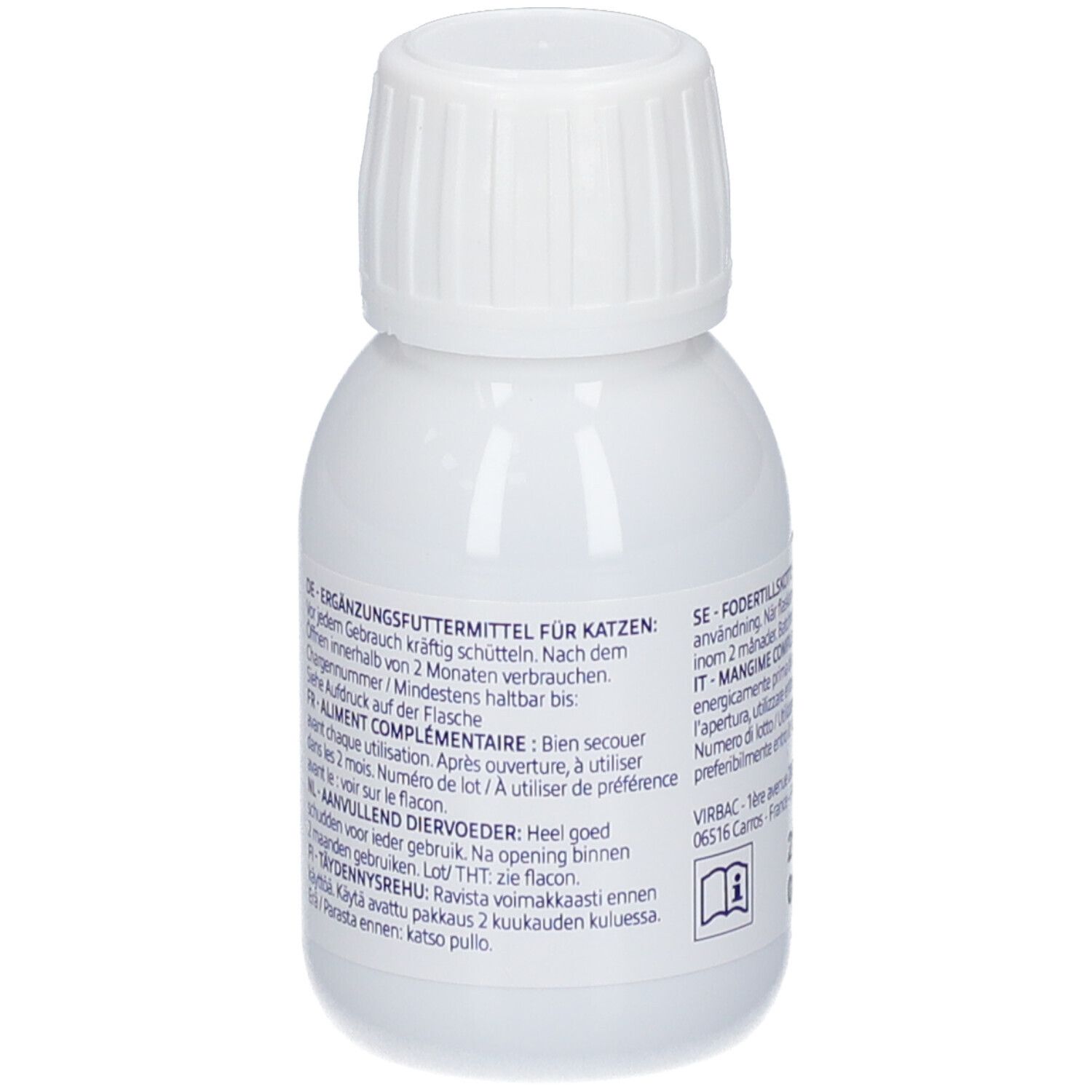 Witte fles met schroefdop, achterkant met meertalige gebruiksaanwijzing en vervaldatum.