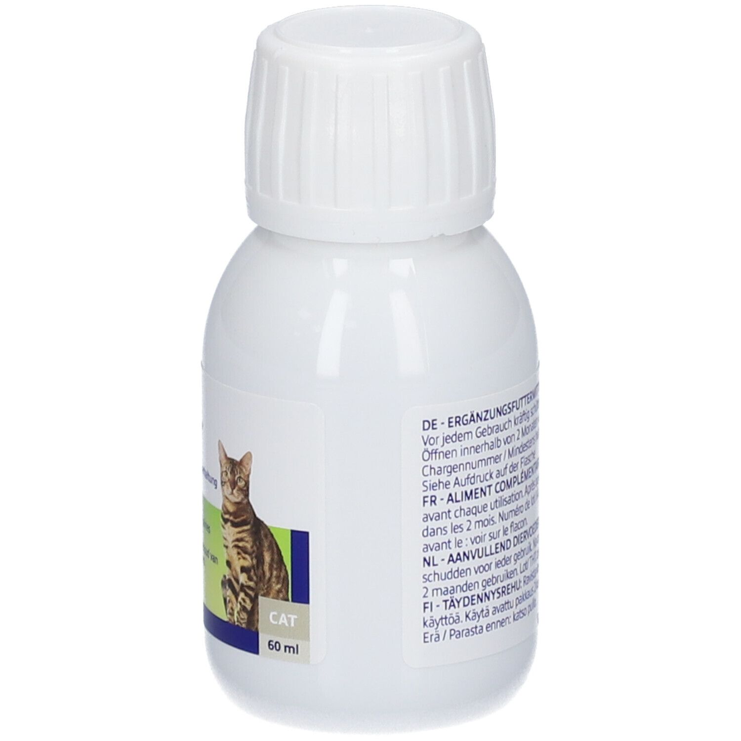 Witte fles met schroefdop, achterkant met meertalige gebruiksaanwijzing en vervaldatum.