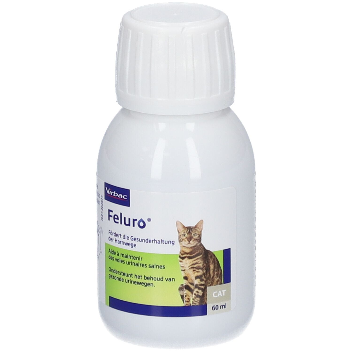 Witte fles met schroefdop, etiket met kat, productnaam 'Feluro' en 60 ml vermelding.