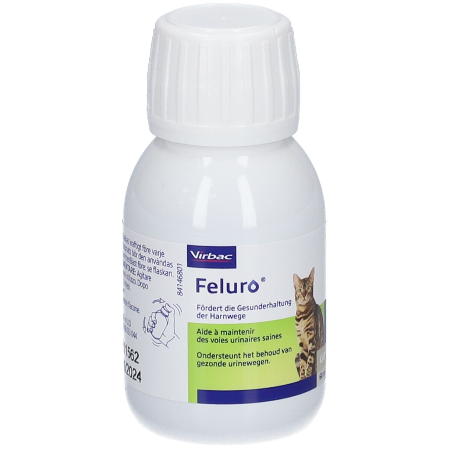 Witte fles met schroefdop, etiket met kat, productnaam 'Feluro', gebruiksaanwijzing en 60 ml.