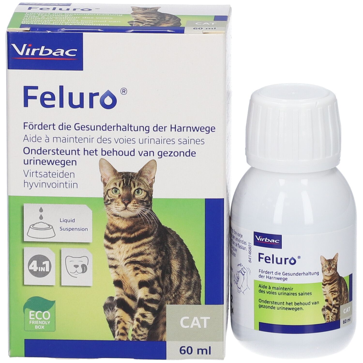 Witte fles Feluro vloeibare suspensie voor katten, 60 ml.