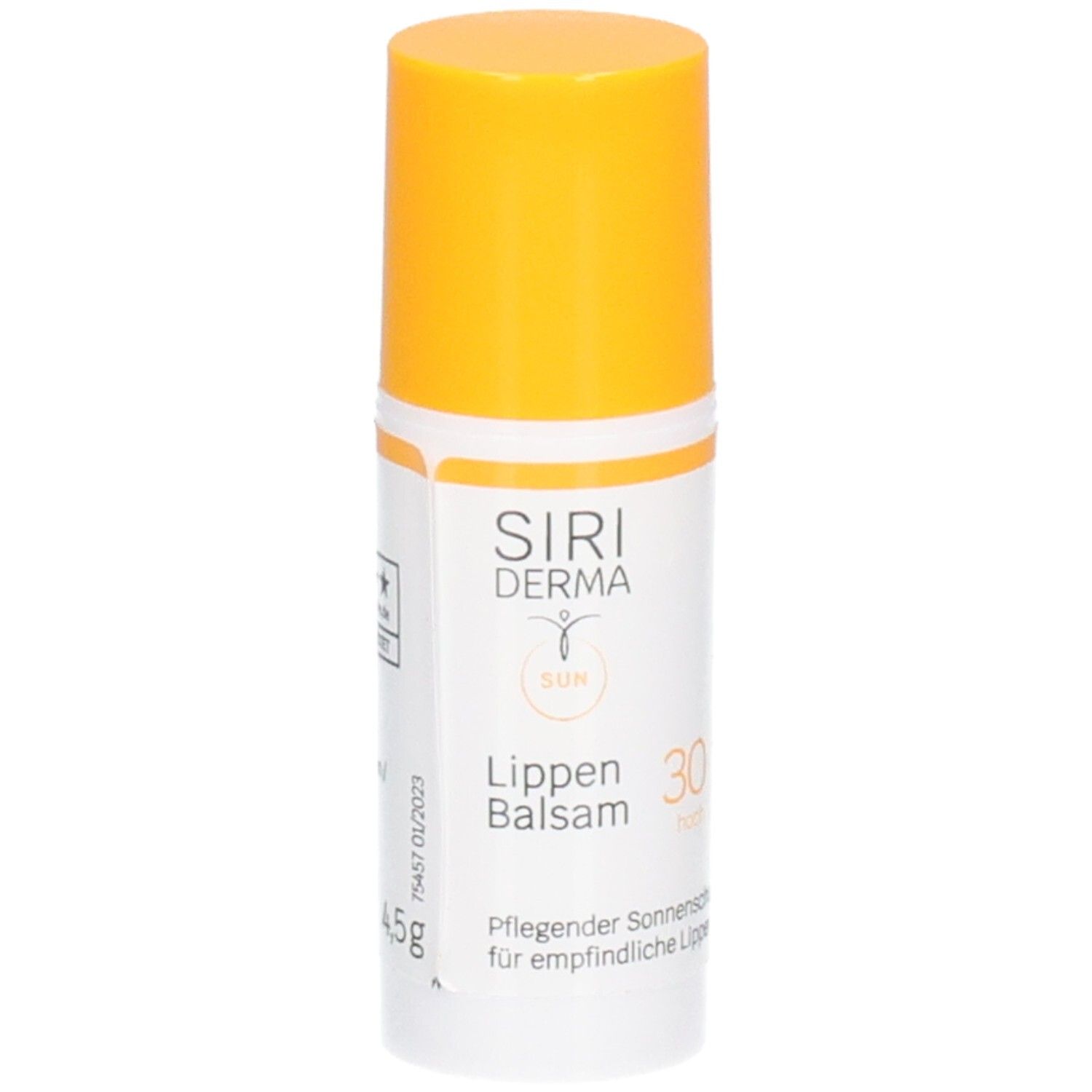 Stick de baume à lèvres blanc et jaune. Inscription : SIRIDERMA, Lippen Balsam, SPF 30, résistant à l'eau. Avec couvercle jaune.