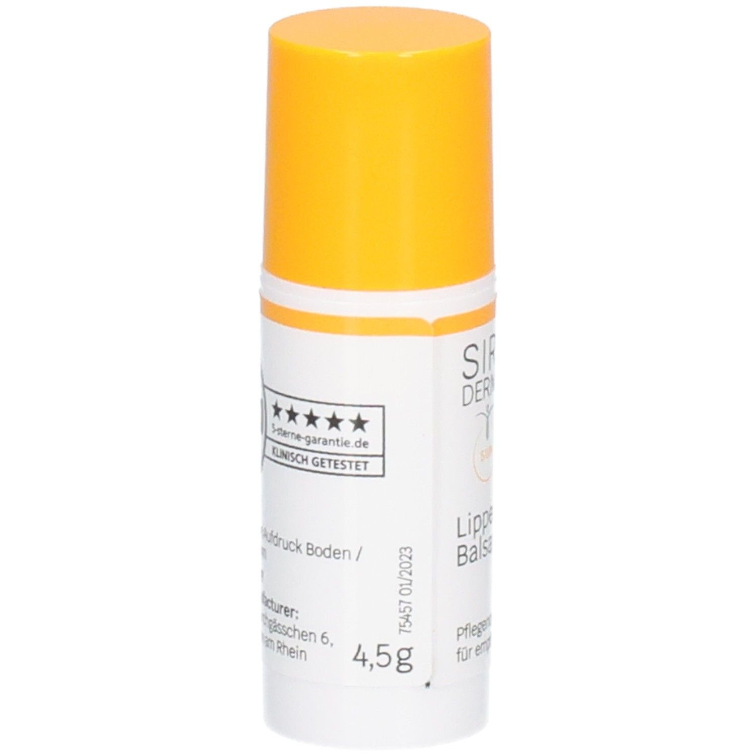 Stick de baume à lèvres blanc et jaune. Inscription : SIRIDERMA, Lippen Balsam, SPF 30. Avec couvercle jaune.