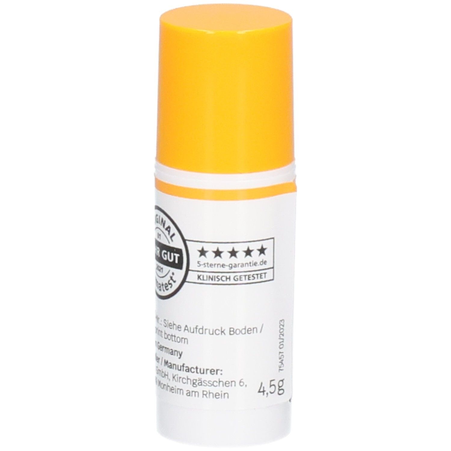 Stick de baume à lèvres blanc et jaune. Inscription : SIRIDERMA, Lippen Balsam, SPF 30. Avec couvercle jaune.