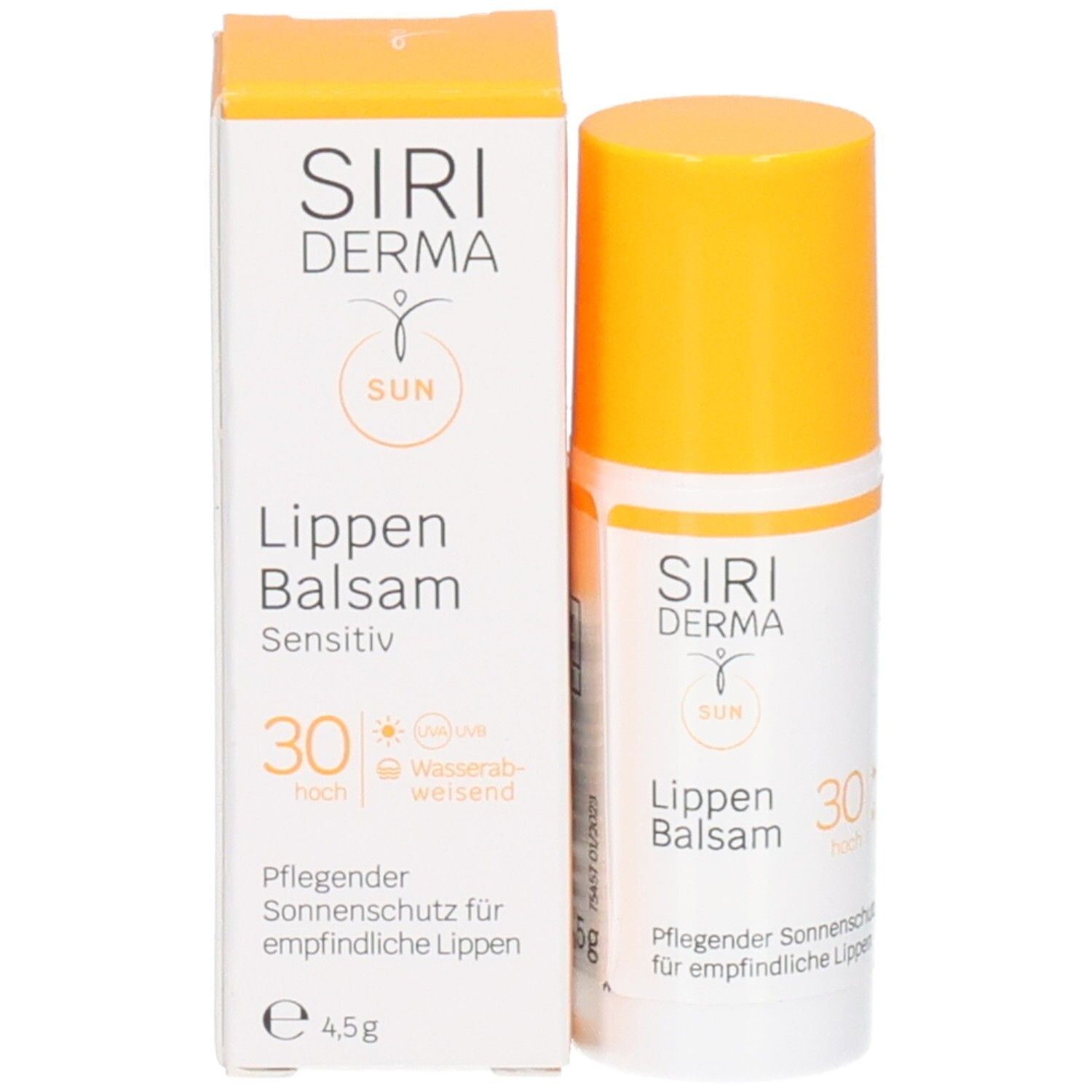 Stick de baume à lèvres et emballage. Inscription : SIRIDERMA, Lippen Balsam, SPF 30. Emballage avec couvercle jaune.