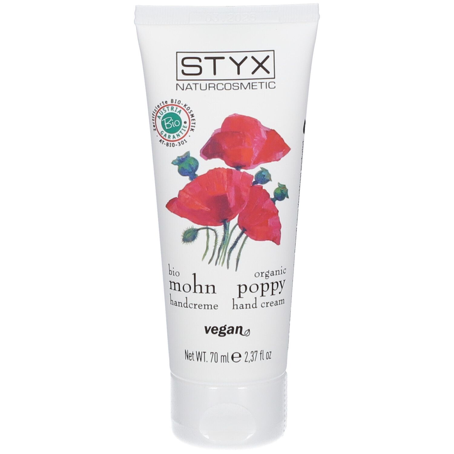 Tube blanche avec coquelicots rouges et logo STYX. Texte : bio mohn handcreme, organic poppy hand cream, vegan.