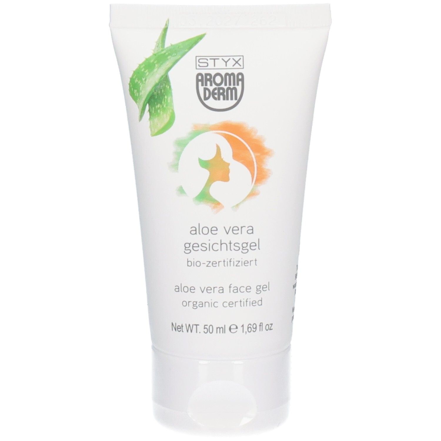 Tube blanc avec logo STYX AROMADERM et motif aloe vera. Texte: aloe vera gesichtsgel, bio-zertifiziert. En bas: 50 ml.