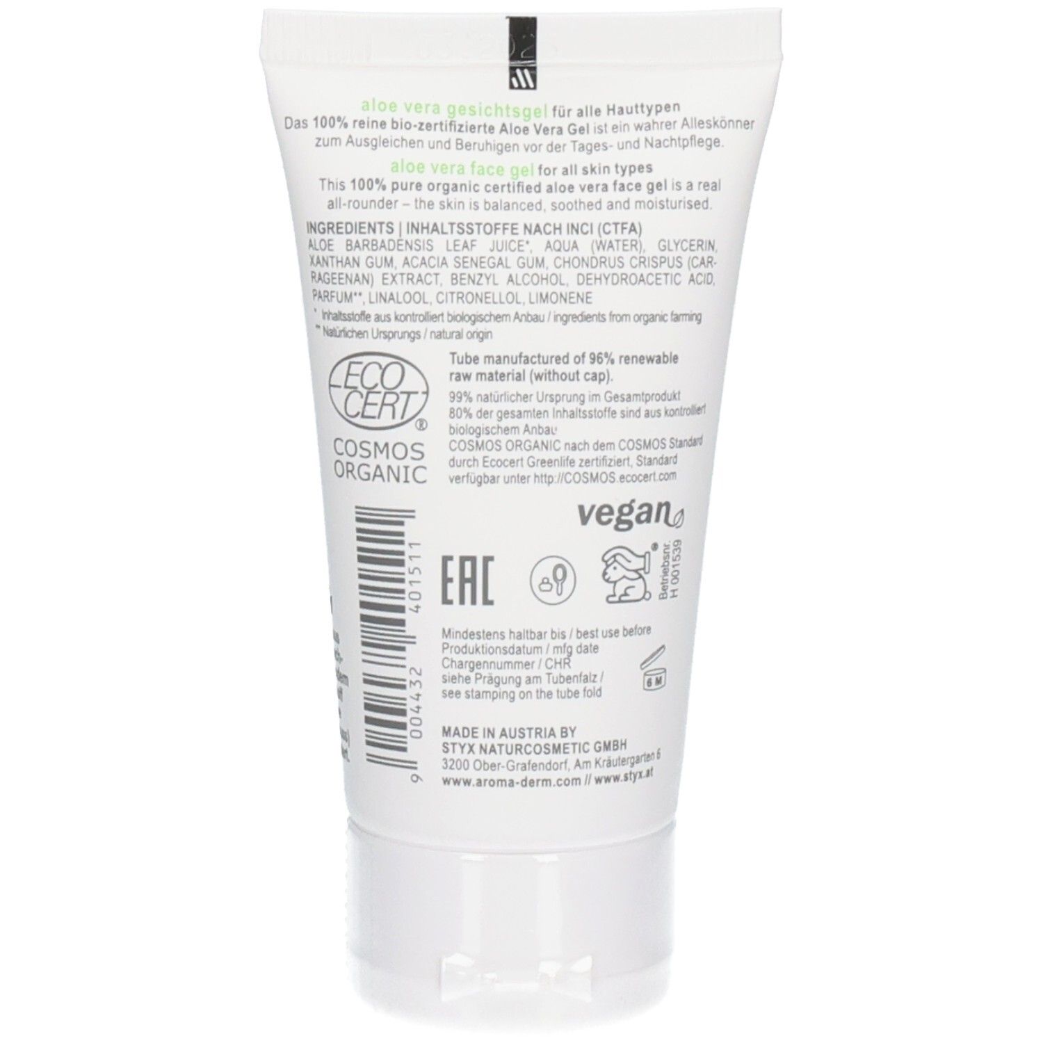 Dos du tube. Texte: aloe vera gesichtsgel für alle Hauttypen. Ingrédients, EcoCert, Cosmos Organic, logo Vegan. Code-barres.