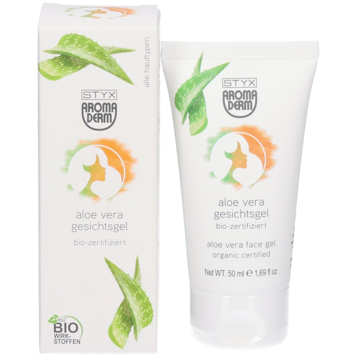 Emballage et tube. Emballage: blanc, motif aloe vera, texte: aloe vera gesichtsgel, bio-zertifiziert. Tube: blanc, logo, texte.