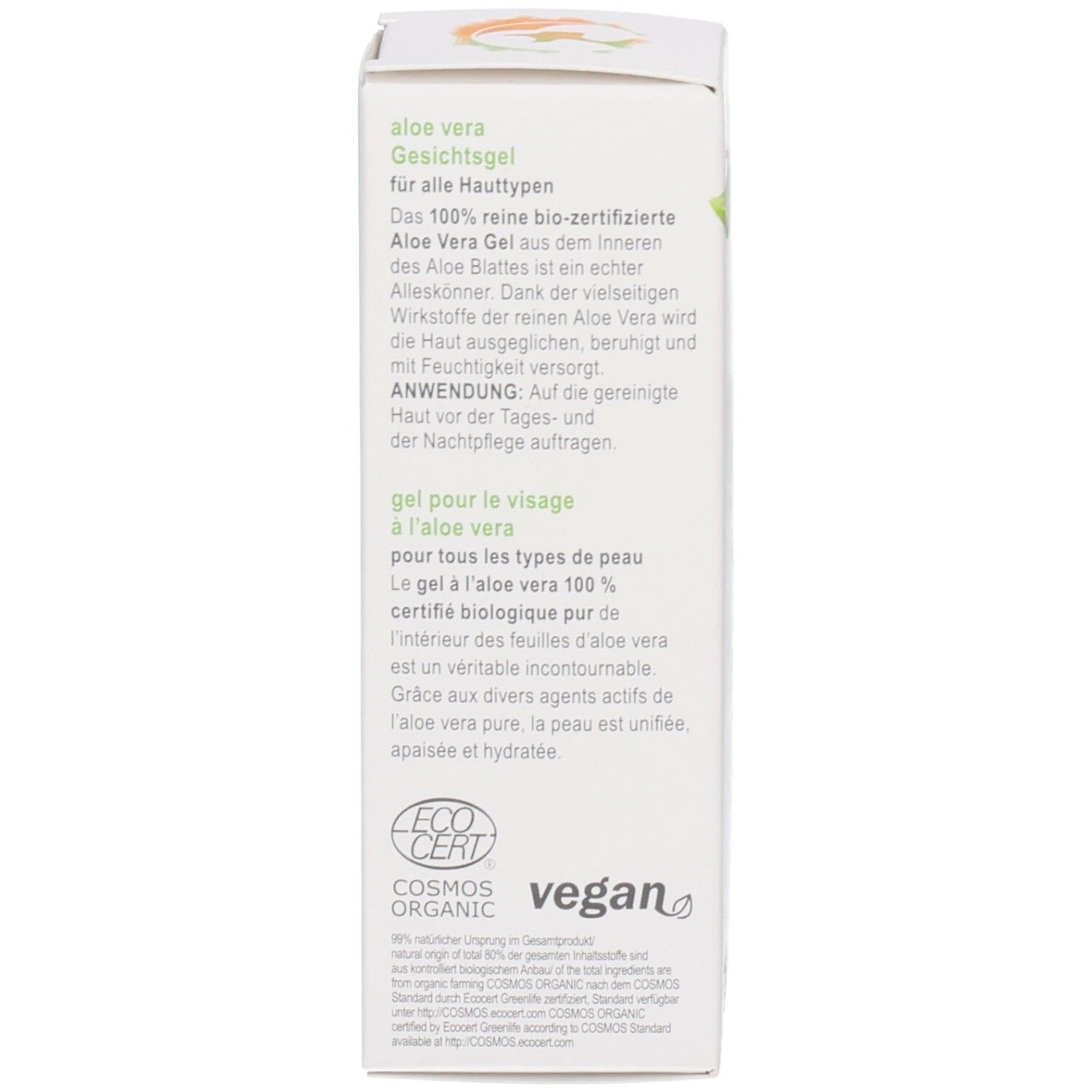 Dos de l'emballage. Texte: aloe vera gesichtsgel für alle Hauttypen. EcoCert, Cosmos Organic, logo Vegan. Conseils d'utilisation.