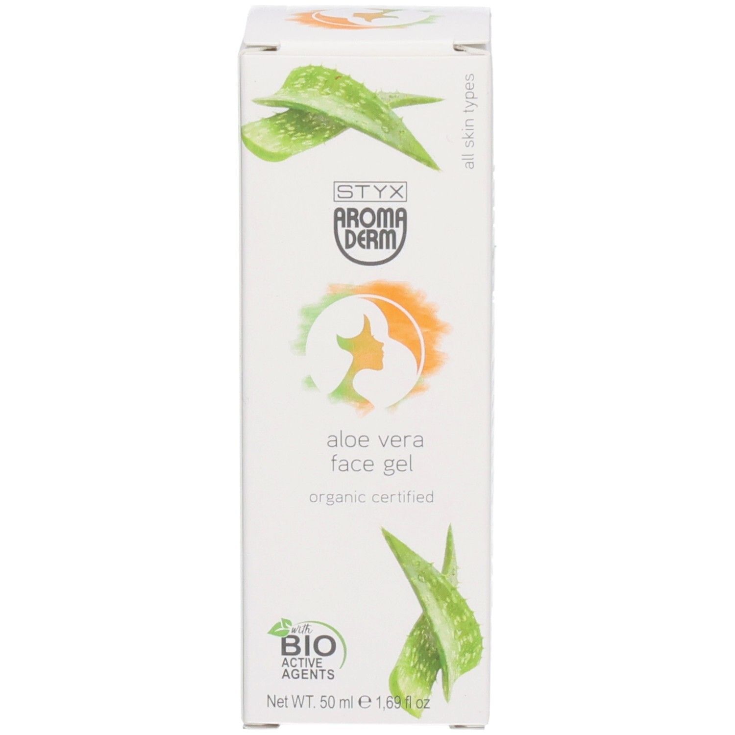 Emballage. Blanc, motif aloe vera, texte: aloe vera face gel, organic certified. Logo STYX AROMADERM. 50 ml. Pour tous types de peau.